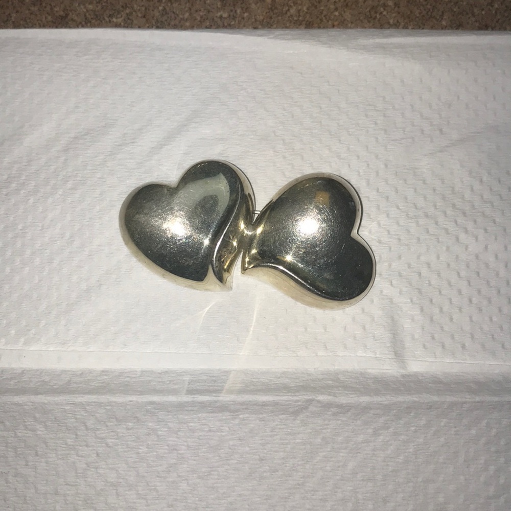 Solid Silver Vintage Double Heart Brooch - image 1